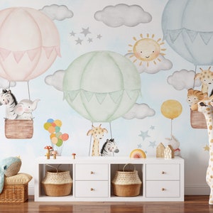 Jungle Flying Hot Air Balloon Mural, Nursery Animal Wallpaper, Jungle Animals Wallpaper, Kids Wall Mural, Peel and Stick Wallpaper