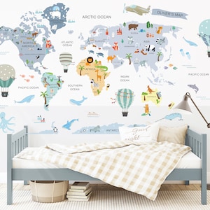 Sticker carte du monde magique, sticker mural carte du monde, sticker carte de chambre d'enfant, sticker carte du monde pour tout-petit, sticker carte du monde chambre d'enfant, sticker carte des animaux