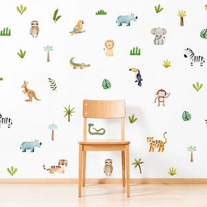 Pegatinas de pared para niños con diseño de animales de safari en la jungla, pegatinas de pared para guardería, decoración de pared con animales de safari, decoración de guardería, arte de pared para niños, calcomanías de animales