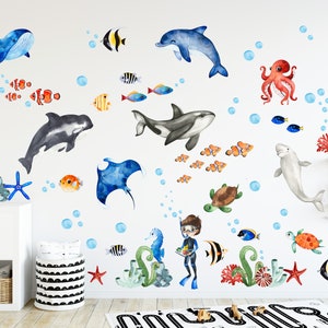 Ocean Animals Wall Decal, Nursery Undersea Wallsticker , Sea Animals Decals, Sea Life Nursery Decor, Ocean Animals Sticker, Peel and Stick
