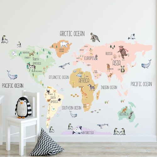 Boho World Map Decal / World Map Wall Sticker / Nursery Wall Etsy