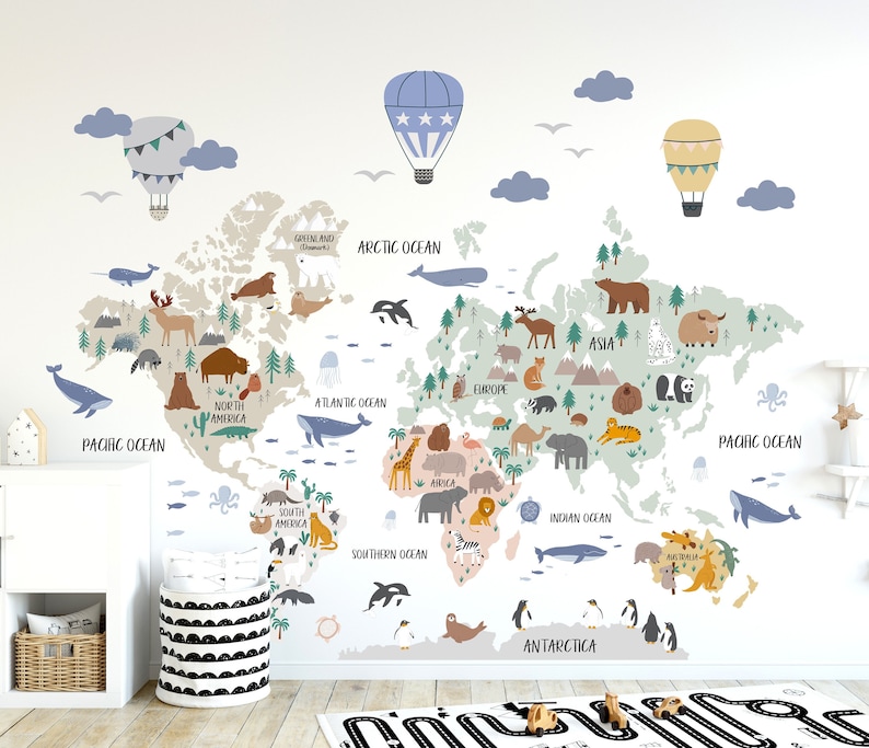 Animal World Map Decal, Peel and Stick Map Decal, World Map Wall Mural, Children World Map Sticker, Nursery Wall Decal, Nursery Map Sticker image 1