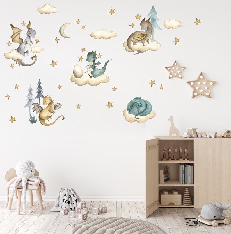 Dragon Wall Decal, Nursery Wall Decal, Watercolor Animals Wall Sticker ...