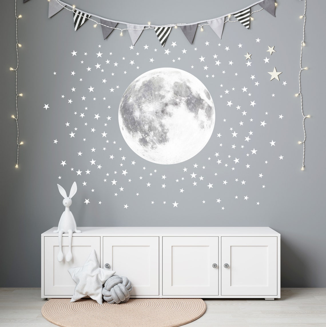 Pale Moon and Stars Wall Decal, Peel and Stick Sticker, Nursery Moon ...