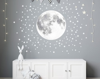 Décalque mural Pale Moon and Stars, Autocollant peeling et bâton, Sticker mural Nursery Moon, Autocollant mural amovible, Autocollant Stars, Kid Room Moon Art