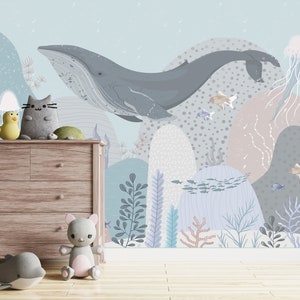 Ocean Life Wallpaper, Nursery Under the Sea Wall Mural, Sea Animal Wallpaper, Removable Peel and Stick Wallpaper, Whale Wallpaper, Wall Art