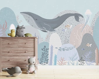 Ocean Life Wallpaper, Nursery Under the Sea Wall Mural, Sea Animal Wallpaper, Removable Peel and Stick Wallpaper, Whale Wallpaper, Wall Art