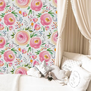 Verwisselbare aquarel roze bloemen behang, Peel and Stick behang, kinderkamer bloemen behang, minimalistisch behang, boho bloemen kunst aan de muur