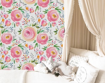 Abnehmbare Aquarell Rose Blumen Tapete, Tapete zum Abziehen und Aufkleben, Kinderzimmer Tapete, Minimalistische Tapete, Boho Blumenwandkunst