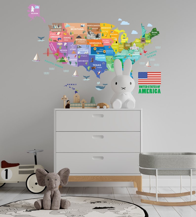 USA City Name Wall Decal, Kids Map Wall Decal, Nursery Map Wall Sticker, Travel America Map Decal, Kid Room Map Decal, Map Wall Art image 4