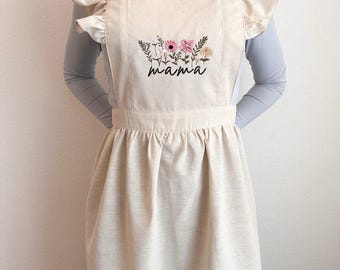 Personalized Linen Apron for Mom | Embroidered Floral Mama Apron, Mother’s Day Gift