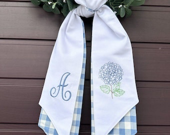 Personalized Wreath Sash Hydrangea, Spring Summer Wreath Decor, Mothers Day Gift, Custom Embroidery Sash, Realtor Gift, New Home Gift