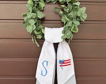 Custom Patriotic Wreath Sash, Embroidered USA Flag Door Decor, 4th of July Wreath Ribbon, USA 250 Anniversary Decoration