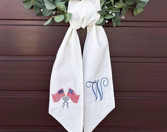 4th of July Linen Wreath Sash for Front Door, Fourth of July, Ideal for Memorial Day, Veterans Day, and Independence Day