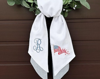 Personalized Patriotic Wreath Sash: Embroidered Flag, 4th of July Decor