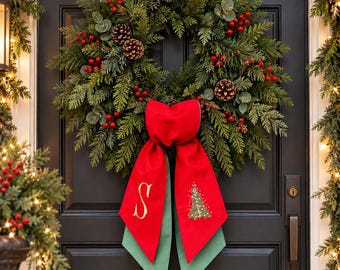 Personalized Christmas Wreath Sash, Custom Embroidered Holiday Bow, Front Door Decor, Elegant Christmas Gift
