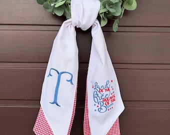 Custom Patriotic Wreath Sash, Embroidered USA Flag Door Decor, 4th of July Wreath Ribbon, USA 250 Anniversary Decoration