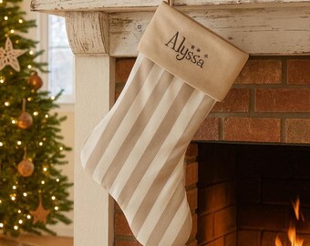Personalized Christmas Stockings – Embroidered Holiday Decor, Custom Farmhouse Stocking with Name Tag, Mantle Christmas Decoration & Gift