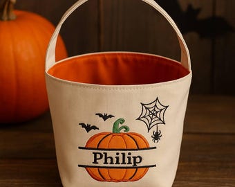 Spersonalizowany kosz na Halloween | Niestandardowa torba z pająkiem | Wiaderko cukierków dla dzieci „Cukierek albo psikus”