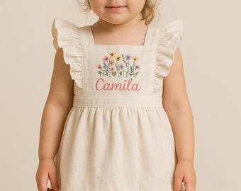 Personalized Toddler Apron | Floral Embroidered Linen Ruffle Pinafore | Custom Kids Baking Gift