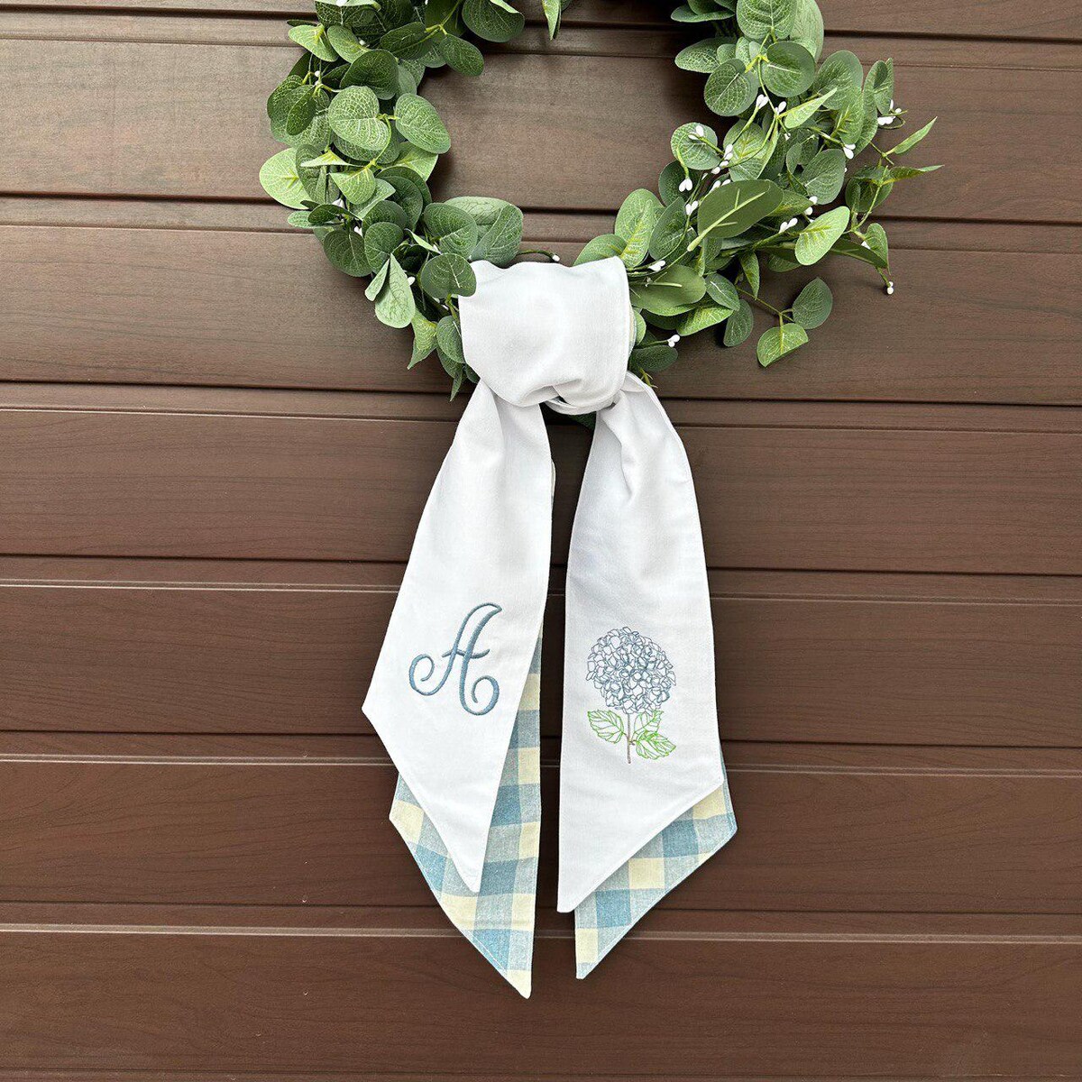 Personalized Wreath Sash – Embroidered Monogram for Seasonal Floral Wreath, Spring Door Decoration, Hydrangea Housewarming Decor - Etsy