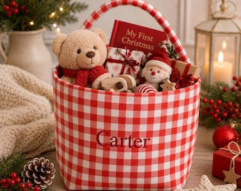 Personalized Baby Christmas Gift Basket, Custom Name Holiday Basket, Reusable Fabric Storage