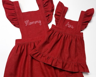 Personalized Red Mommy and Me Christmas Aprons | Matching Holiday Aprons for Mom and Daughter | Custom Embroidered Family Baking Gift