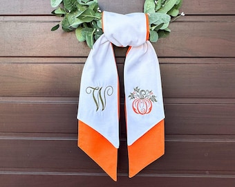 Pumpkin Embroidered Door Hanger | Fall Wreath Sash, Farmhouse Autumn Decor, Cottagecore Harvest Accent, Halloween & Thanksgiving Decoration