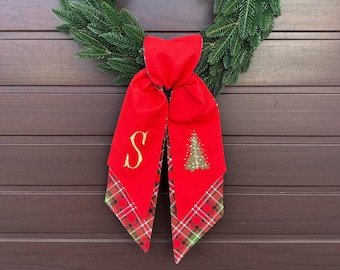 Personalized Christmas Wreath Sash, Custom Embroidered Holiday Bow, Front Door Decor, Elegant Christmas Gift