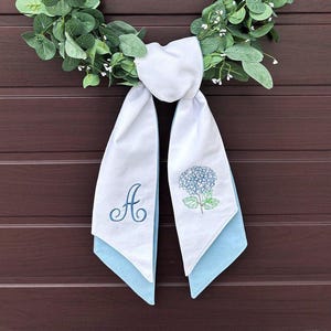 Monogrammed Wreath Sash: Embroidered Hydrangea, Personalized Door Decor