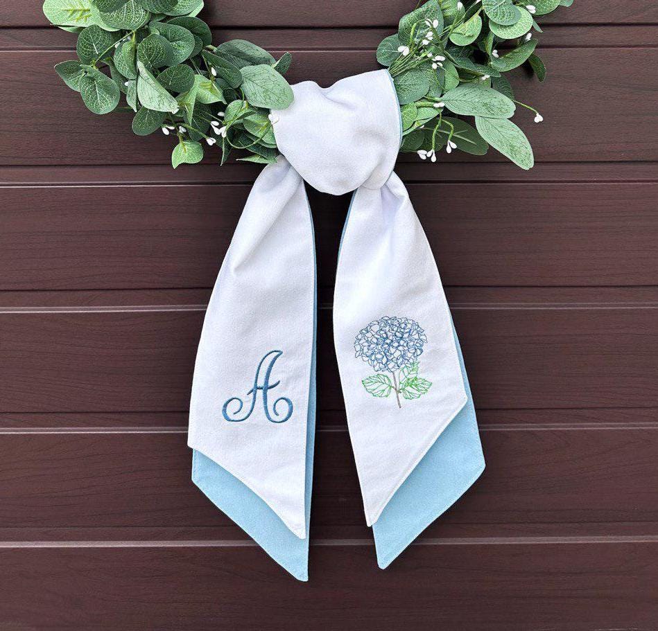 Monogrammed Wreath Sash: Embroidered Hydrangea, Personalized Door Decor