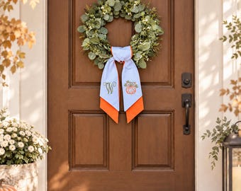Personalized Pumpkin Door Sash, Embroidered Fall Door Decor, Farmhouse Autumn Decoration, Custom Initial Halloween Porch Decor