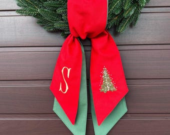 Personalized Christmas Wreath Sash, Custom Embroidered Holiday Bow, Front Door Decor, Elegant Christmas Gift