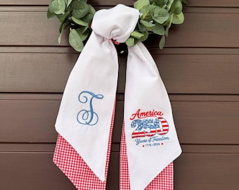 Embroidered 250 USA Flag Wreath Sash, Patriotic Door Decor, Custom Monogram (White/Red)
