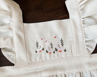 Personalized Toddler Apron | Silly Goose Linen Pinafore | Embroidered Ruffle Kids Apron Gift
