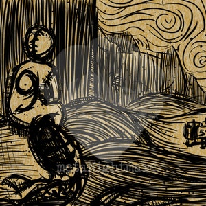 Peut inclure: Une illustration en noir et blanc d'une personne assise dans une forêt avec un ciel tourbillonnant en arrière-plan. La personne porte un chapeau et a une grosse tête. Le texte "metal nightmares" est visible dans le coin inférieur droit de l'image.