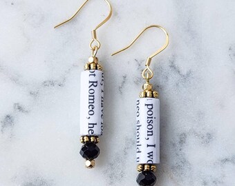 Romeo and Juliet Earrings | Handmade Upcycled Paper Bead Jewelry | Shakespearean Accessory