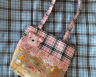 Handmade pink tartan and baby bear print mini tote bag with handmade fuzzy pink bear charm, y2k and coquette style