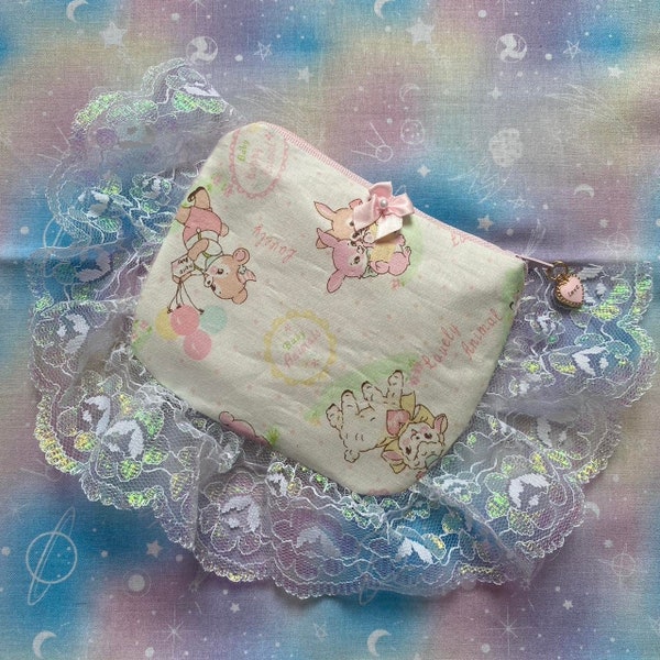 Handmade Lolita Style Coin Purse made with Atsuko Matsuyama Baby Animal Fabric, with an Iridescent Lace Trim and a Cute Bow Accent