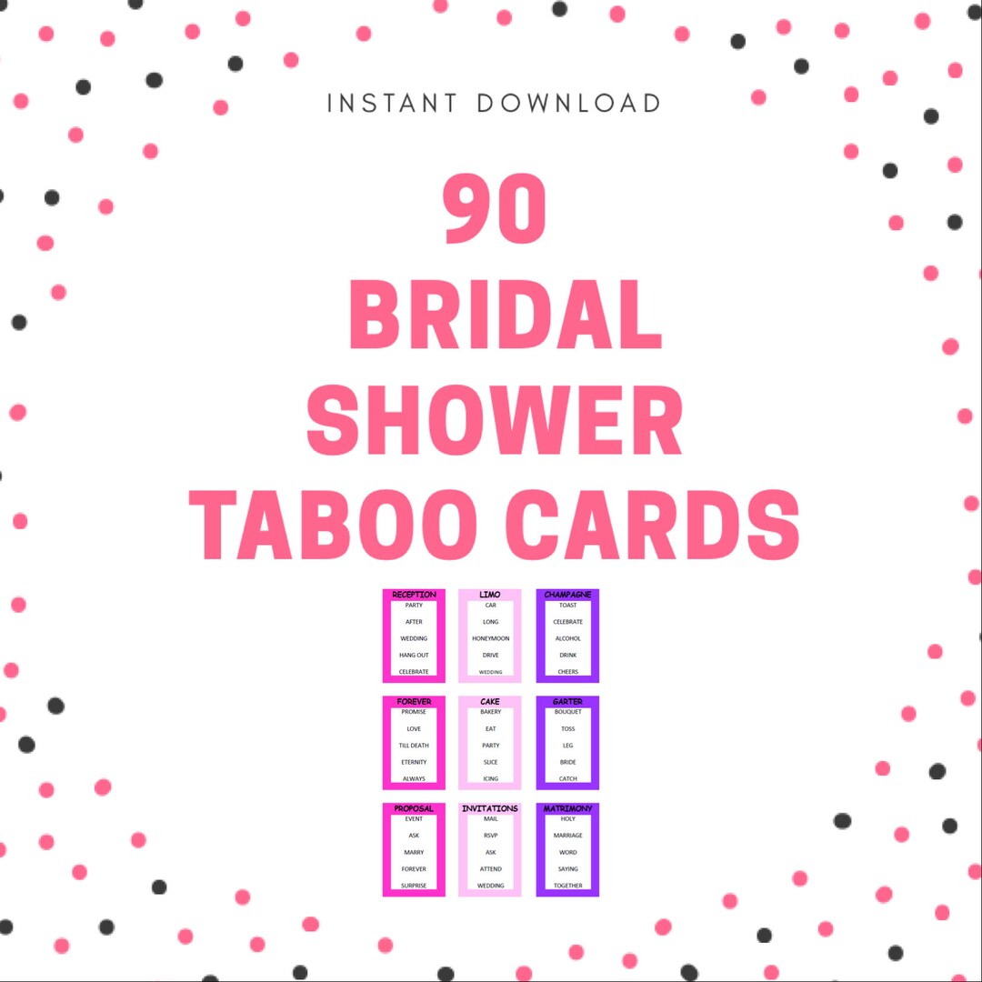 Printable Bridal Shower Taboo Game Cards! 90 Cards - Instant Download ...