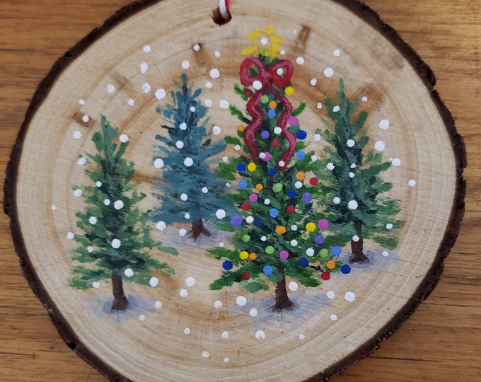 Christmas Tree Forest Hand Painted Wood Round Ornament FREE SHIPPING - Etsy