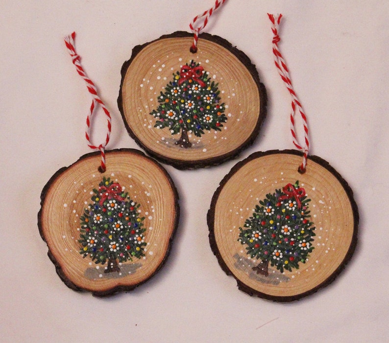 Holiday Tree Hand Painted Wood Round Ornament Etsy