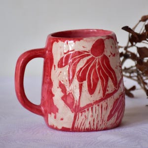Handmade Red Mug with Delicate Floral Pattern - Sgraffito Ceramic Cup