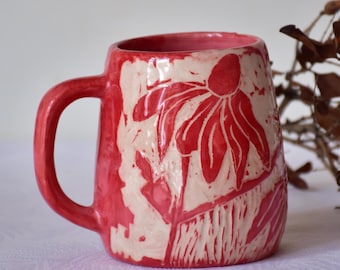 Handmade Red Mug with Delicate Floral Pattern - Sgraffito Ceramic Cup