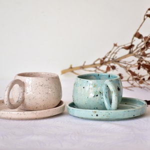 Modern Handmade Turkish Coffee Cup - Raund Mug with White Dots - 3.04 OZ Espresso Mug