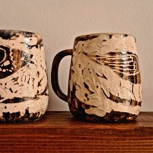New unique ceramic green and brown bird mom and dragon carved cup, Healthy painted cup, Ceramic handmade mug
