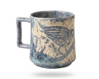 Personalized Bird Design Etched Mug, Handmade sgrafito cup