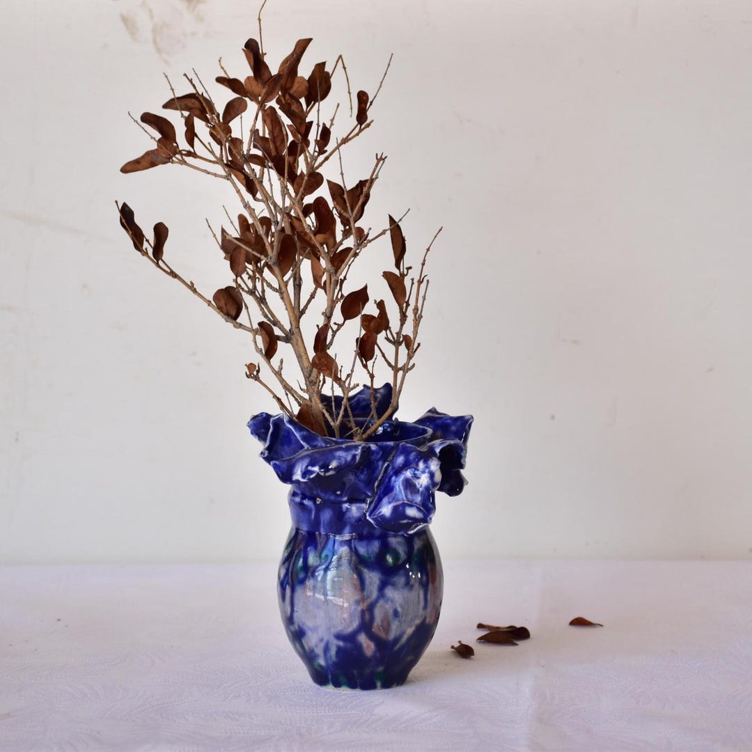 Mixed Blue Ceramic Vase , Handmade Pottery Small Ornament, Dried Flower ...