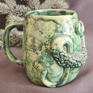 Dragon sculpted amber and green colored coffee cup , Mug gift for love,  Mythological tea cup
