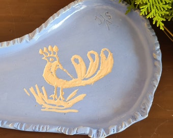 Baby Blue Snack plate  with Crested and Long Tailed Cute Bird, Movie Night Appetizer